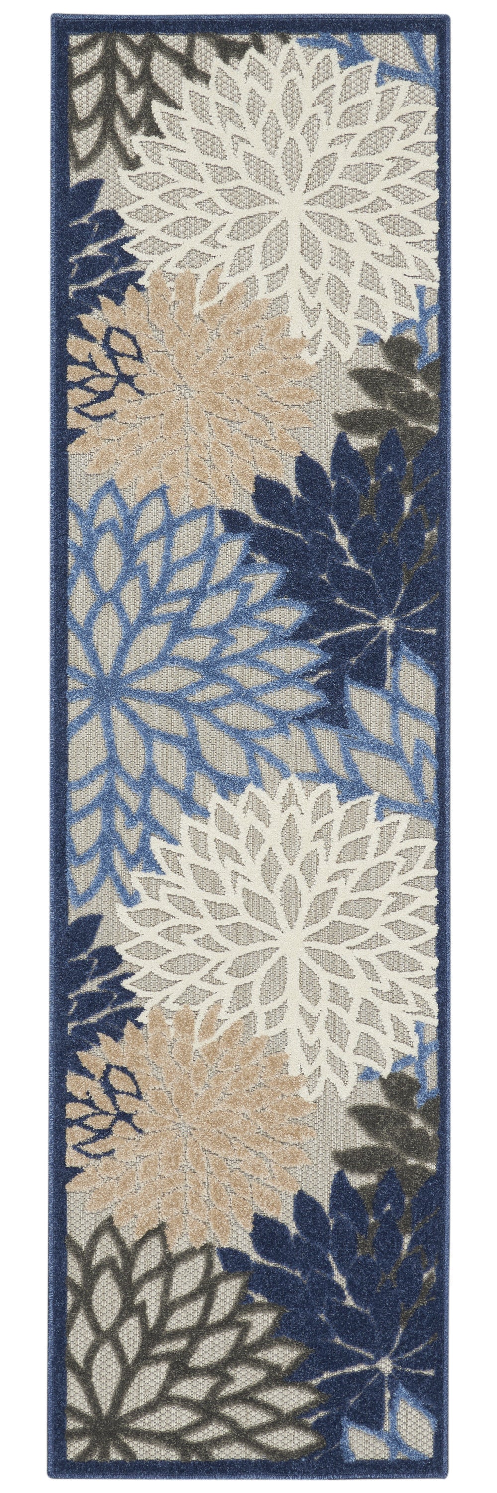 Elegant Blue Large Floral Runner Rug for Indoor & Outdoor Spaces like Patios and Living Rooms