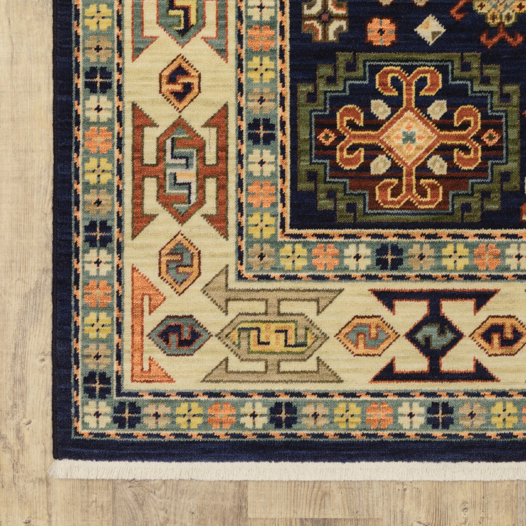 Durable Blue and Ivory Geometric Oriental Scatter Rug for High-Traffic Indoor Areas