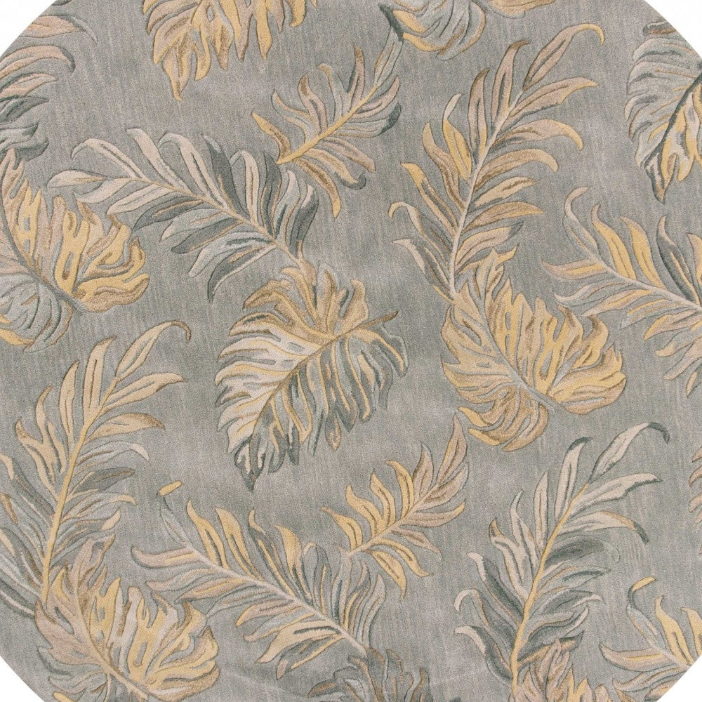 Modern Hand-Tufted Grey Wool Area Rug with Botanical Leaves Design for Homes