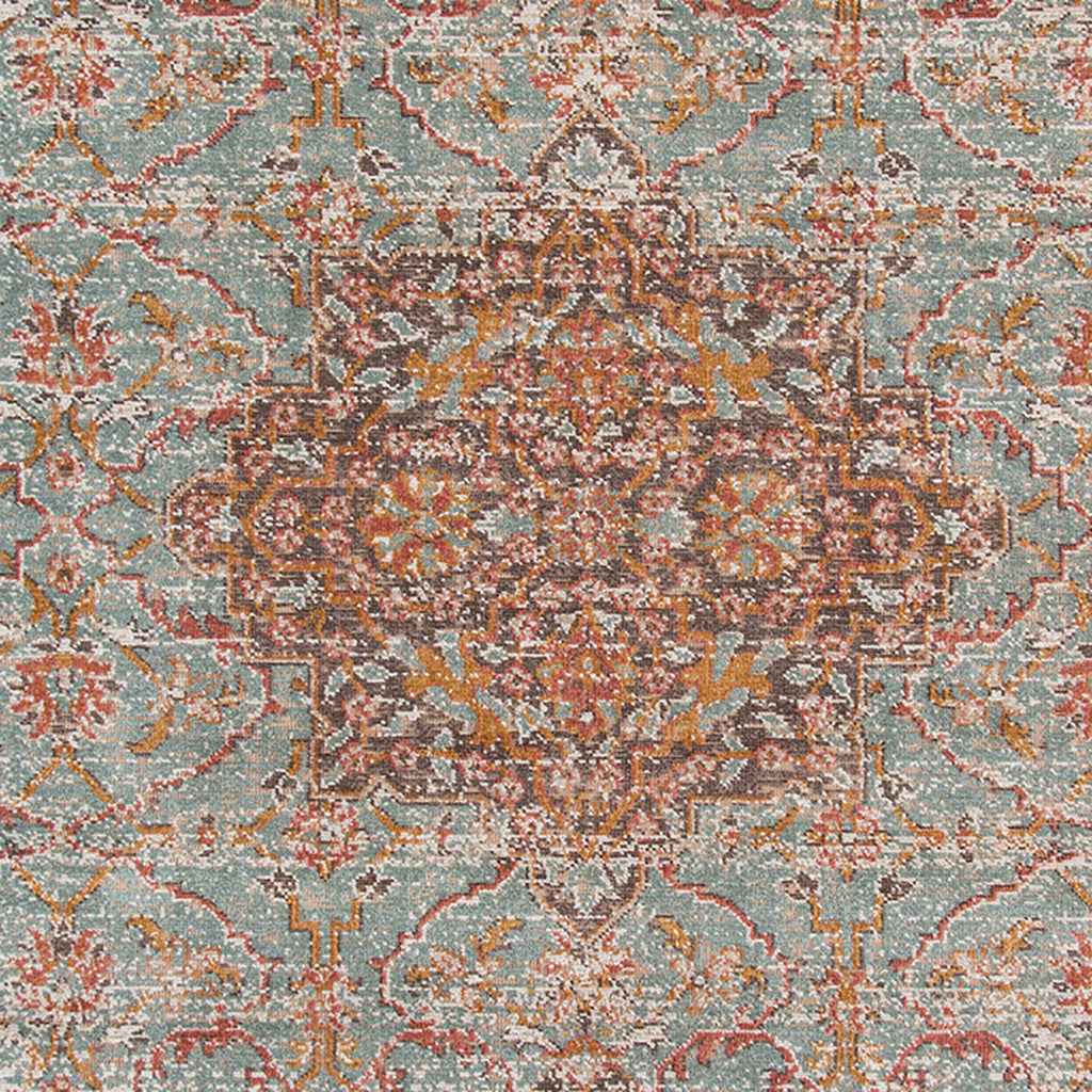 Stain-Resistant Teal, Red & Orange Medallion Power Loom Round Runner Rug for Home Comfort