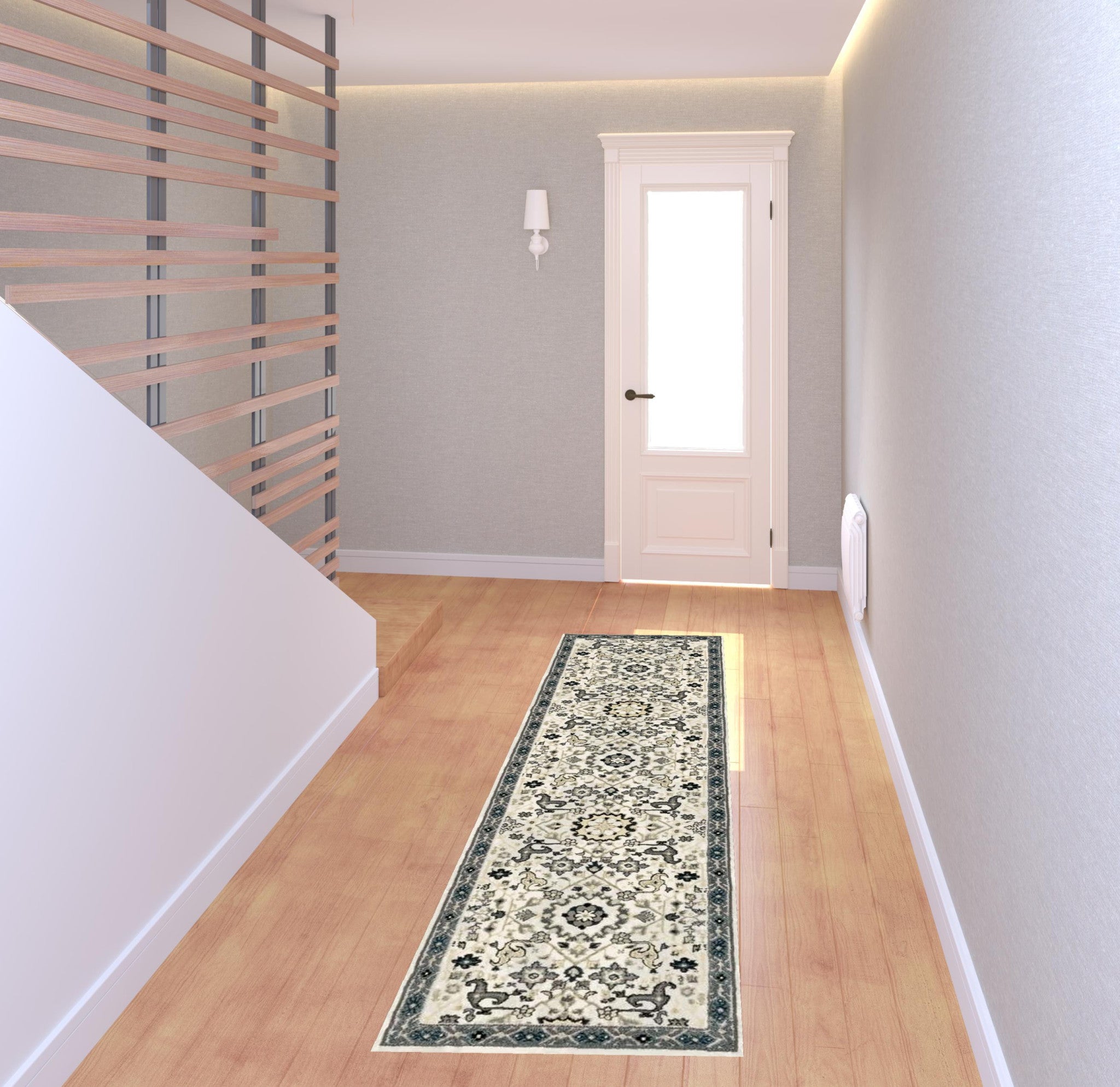 Ivory, Navy & Gold Stain-Resistant Oriental Runner Rug - Ideal for Family Homes