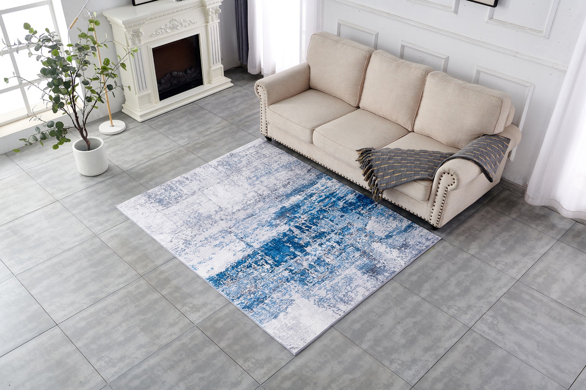 Stylish Washable and Non - Skid Gray and Blue Abstract Printed Polyester Area Rug for Home Decor