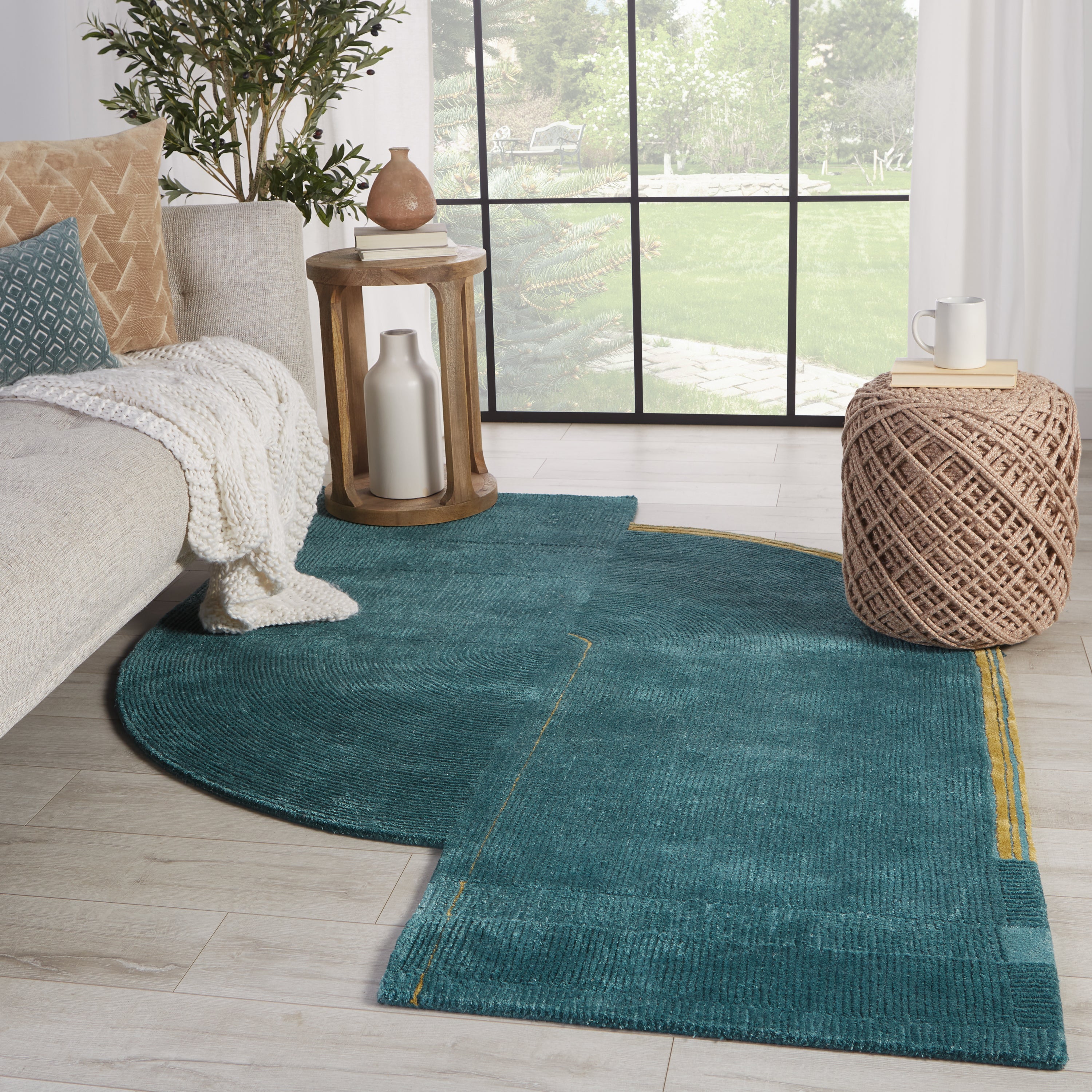 Stunning Iconic Zephyr Hand-Tufted Indoor Area Rug with Bold Geometric Design in Deep Teal and Gold Colorways for Modern Interior Decor