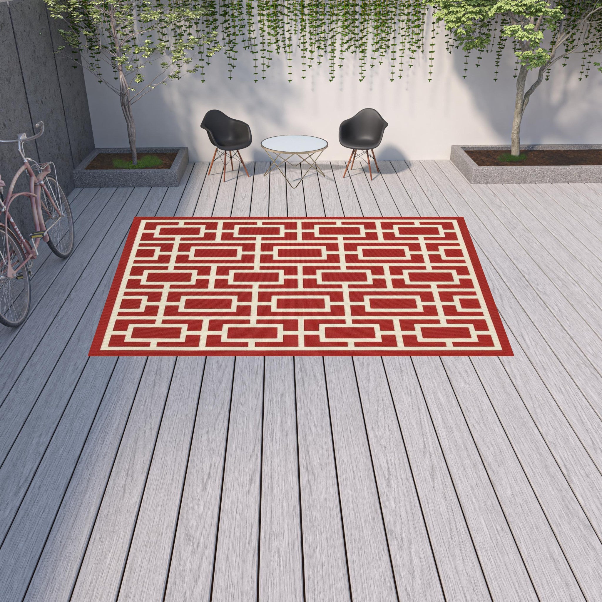Stain-Resistant Red and Ivory Geometric Outdoor Rug for Stylish Indoor Spaces