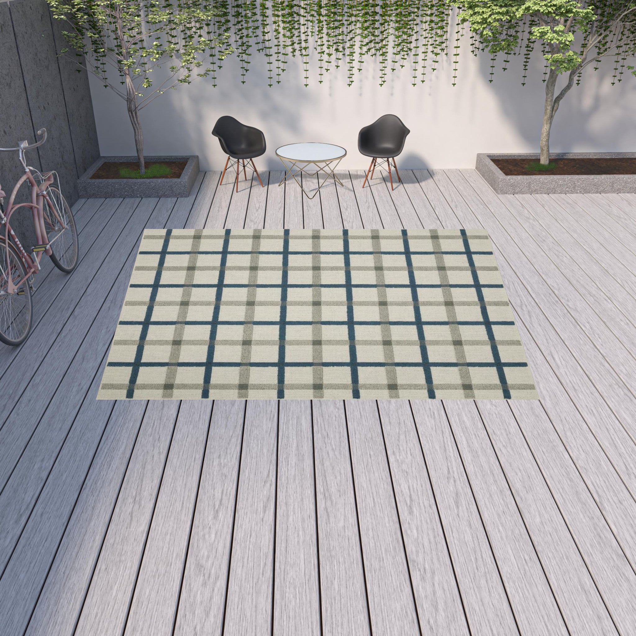 Blue & Beige Geometric Stain-Resistant Rug for Stylish Indoor/Outdoor Areas