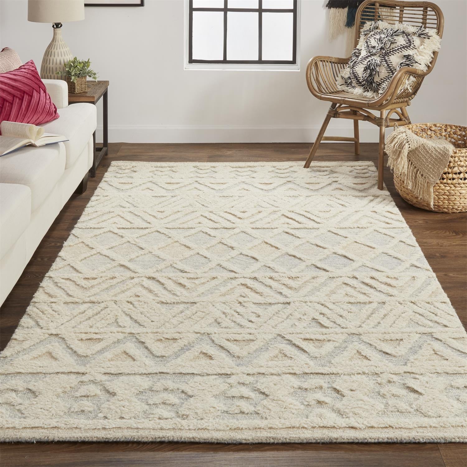 Ivory, Blue & Tan Handmade Geometric Stain-Resistant Area Rug for Stylish Interiors
