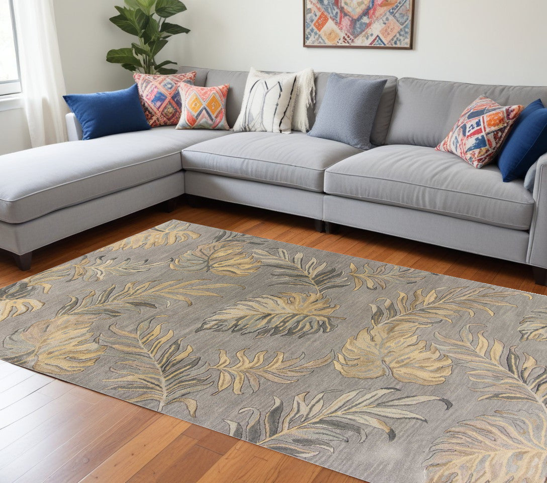 Modern Hand-Tufted Grey Wool Area Rug with Botanical Leaves Design for Homes