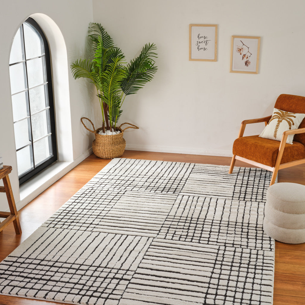 Stylish Stain-Resistant Cream & Black Abstract Distressed Area Rug for Family Rooms