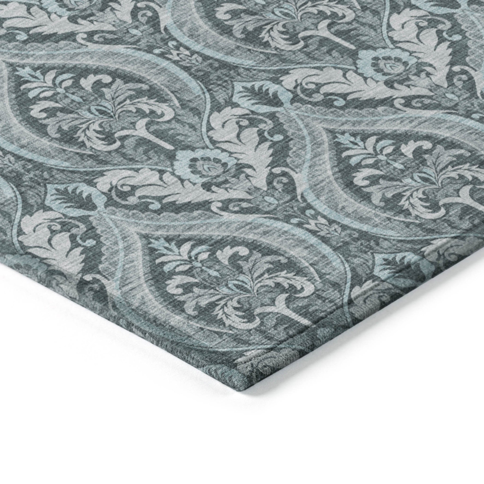 Stylish Washable and Stain - Resistant Non - Skid Damask Design Indoor Outdoor Runner Rug Measuring 27 Inches by 90 Inches
