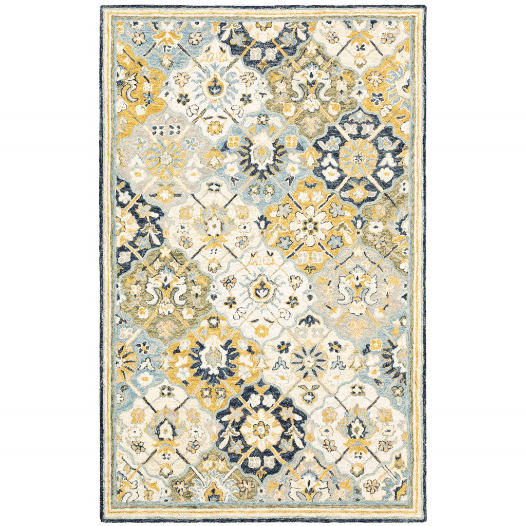 Handmade Stain-Resistant Geometric Area Rug in Blue, Green, Gold, Navy & Ivory