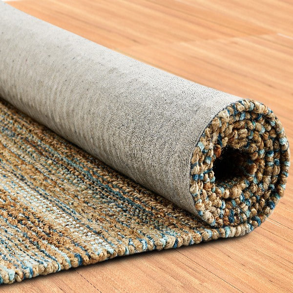 Stylish and Durable Teal and Natural Color Braided Jute Floor Area Rug Suitable for Any Indoor Space