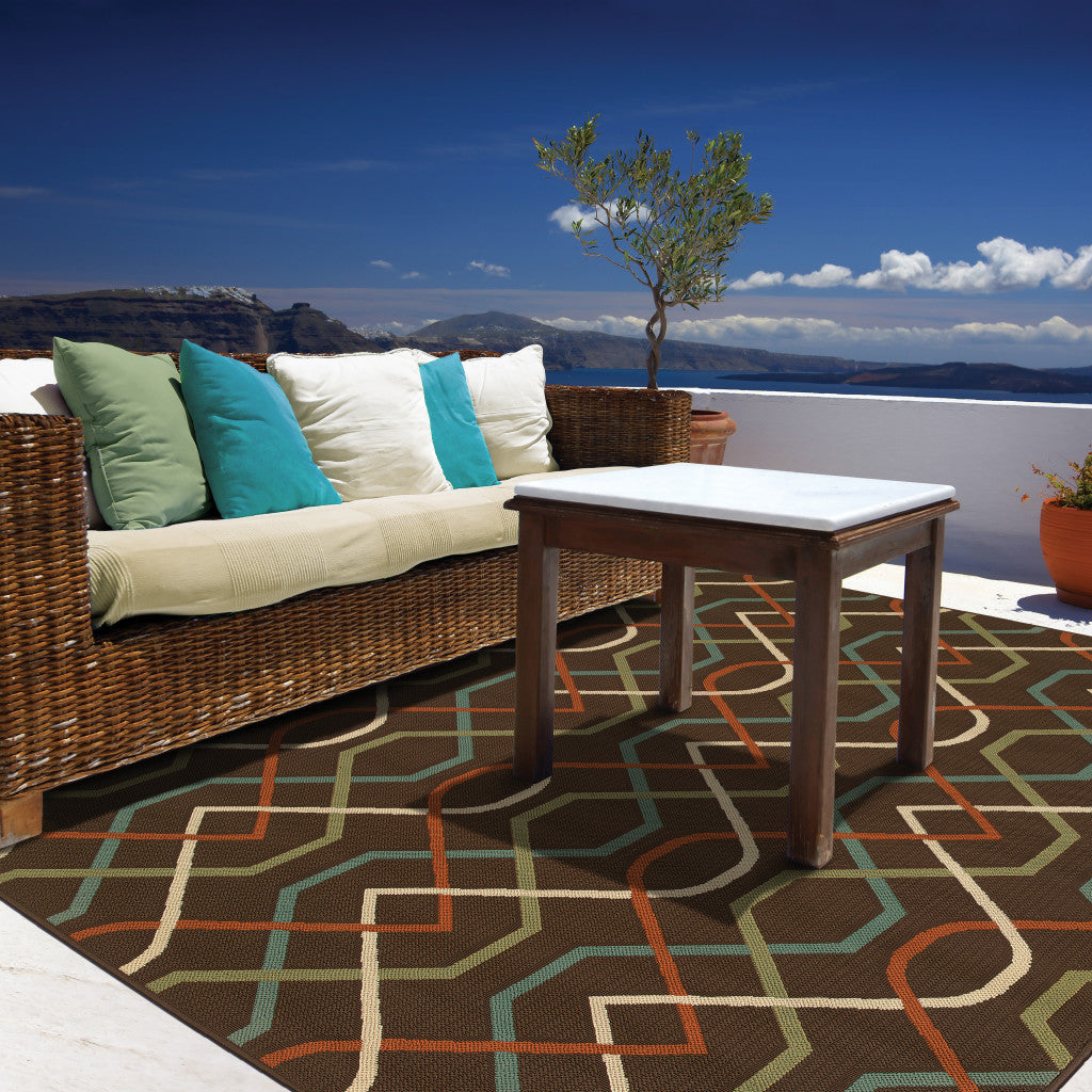Stain-Resistant Brown & Ivory Geometric Outdoor Area Rug for Indoor/Outdoor Use
