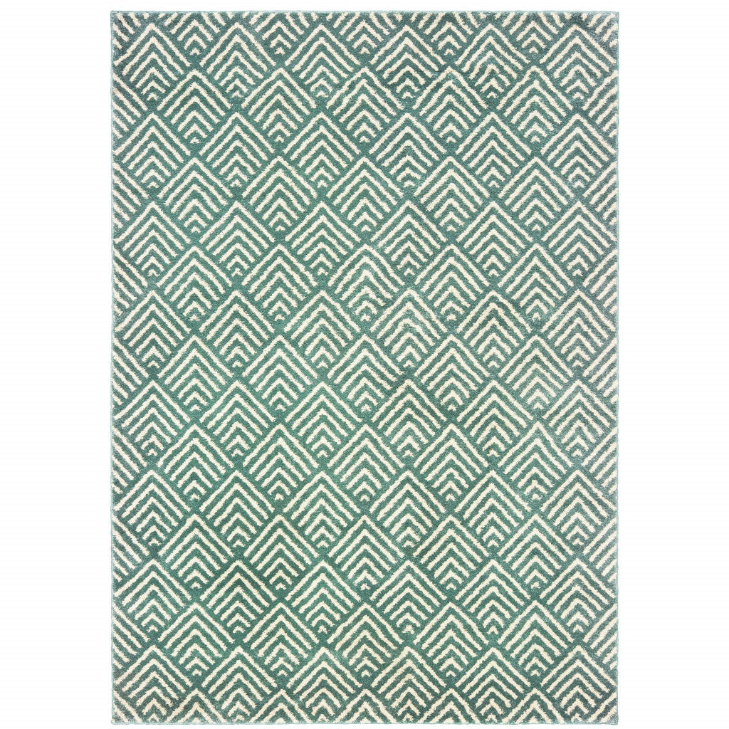 Stain-Resistant Foam Geometric Blue & Ivory Runner Rug for Homes with Kids and Pets