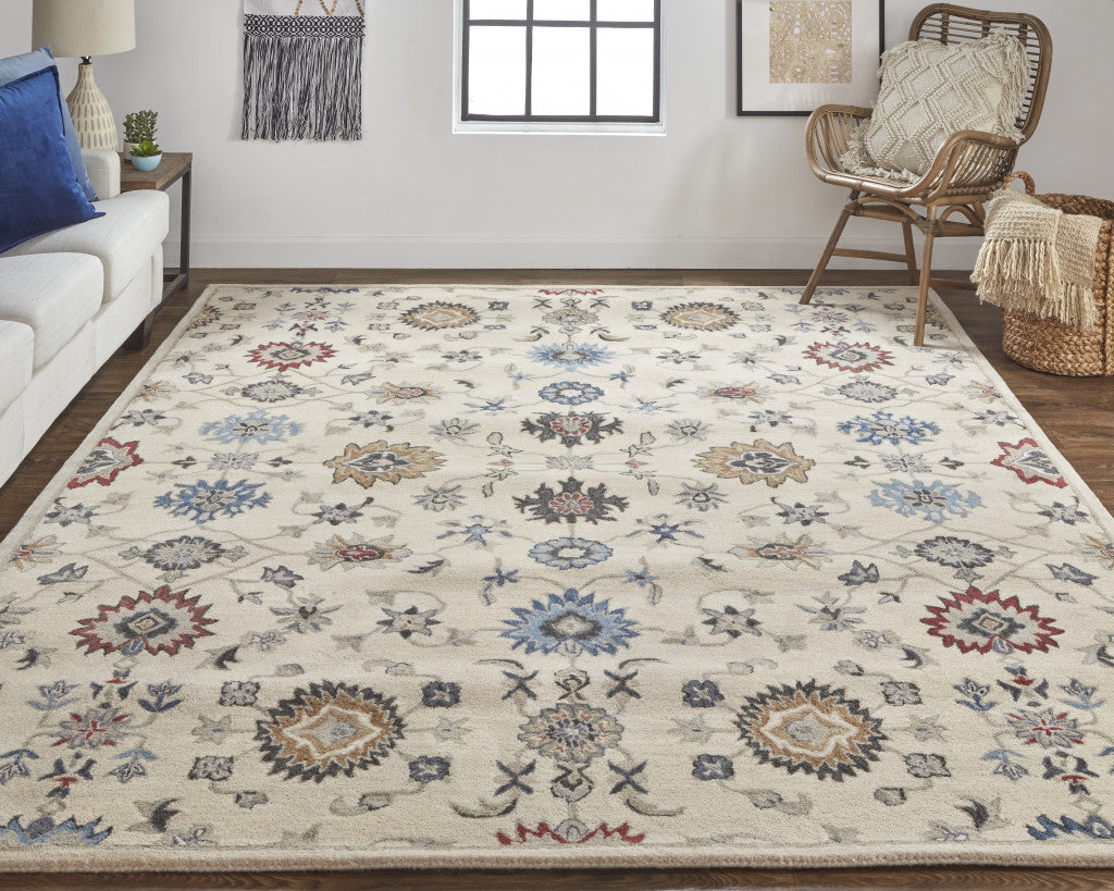 Ivory and Blue Floral Design Hand-Tufted Wool Area Rug - Stain Resistant, Perfect for Family Spaces with Kids and Pets