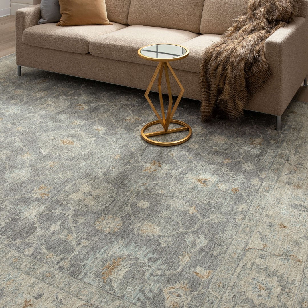 Adalia Traditional Floral Area Rug - Soft Grey & Blue, Durable, Easy - Care Imported Luxury