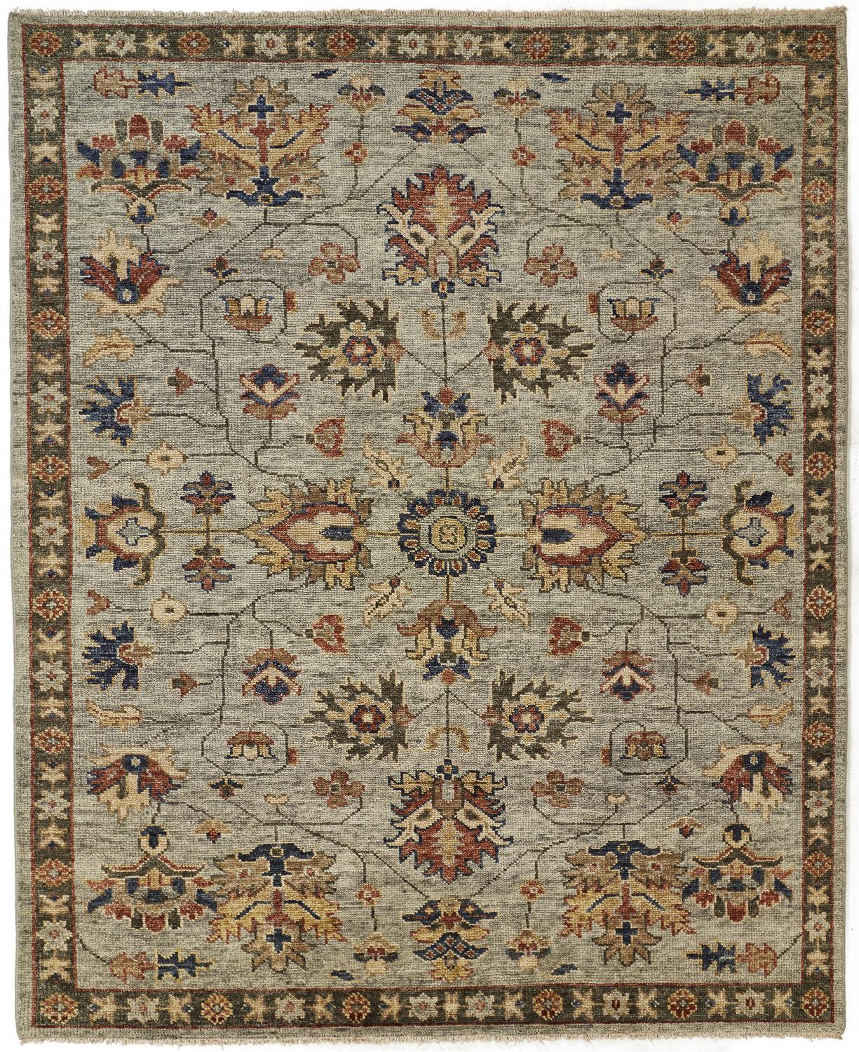 Exquisite Hand-Knotted Wool Floral Area Rug in Elegant Gray and Ivory with Tassels