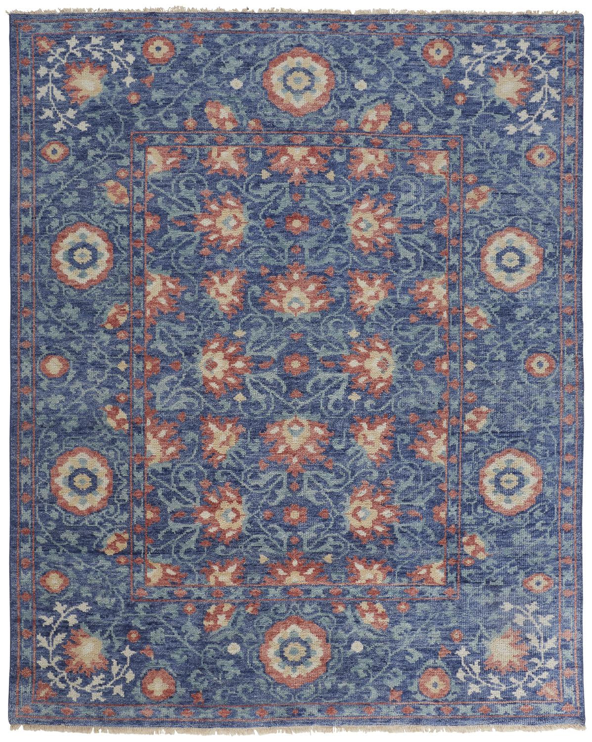 Stain-Resistant Hand-Knotted Blue and Beige Floral Area Rug for Elegant Spaces