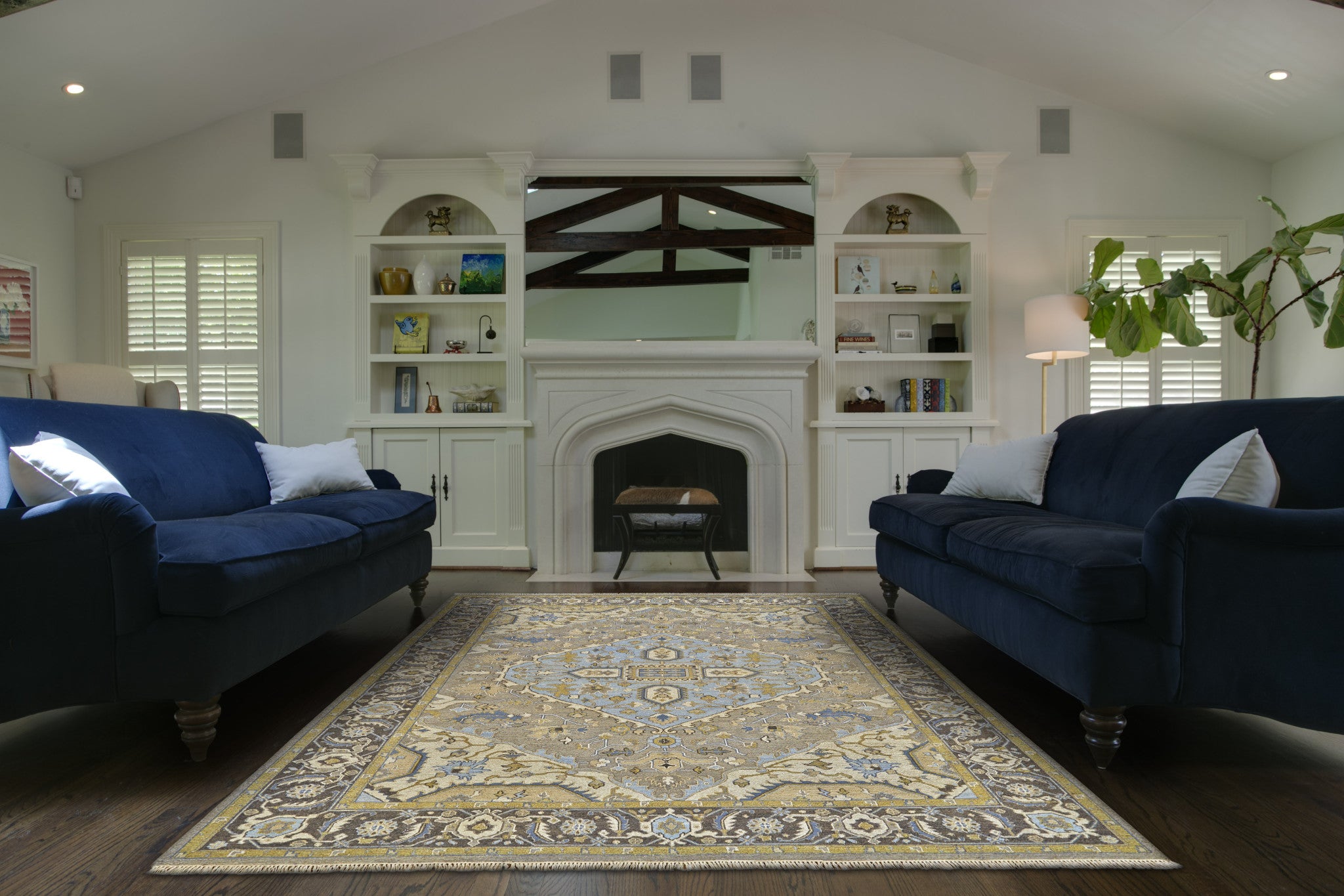 Luxury Stain-Resistant Hand-Knotted Wool Area Rug in Blue and Tan Oriental Design