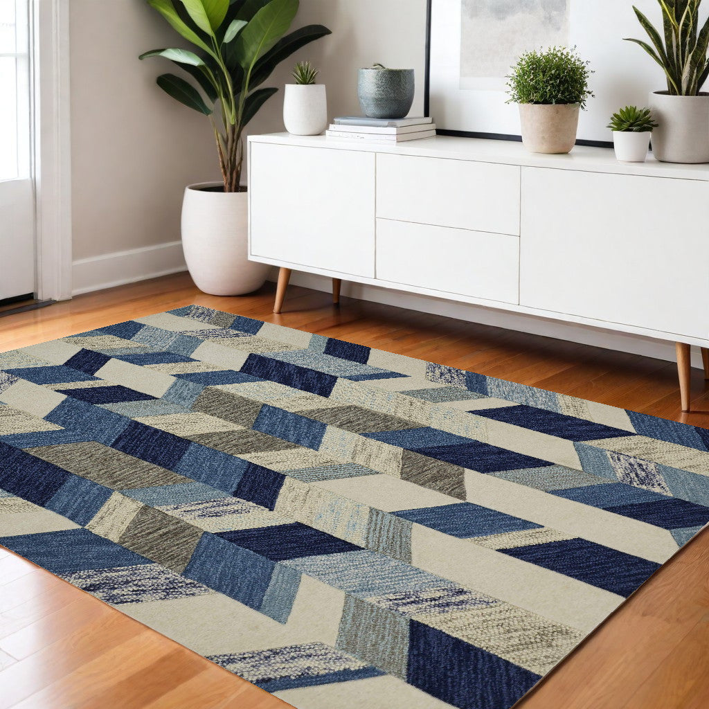 Exquisite Handmade Geometric Wool Area Rug - Blue, Ivory & Gray for Cozy Home Decor