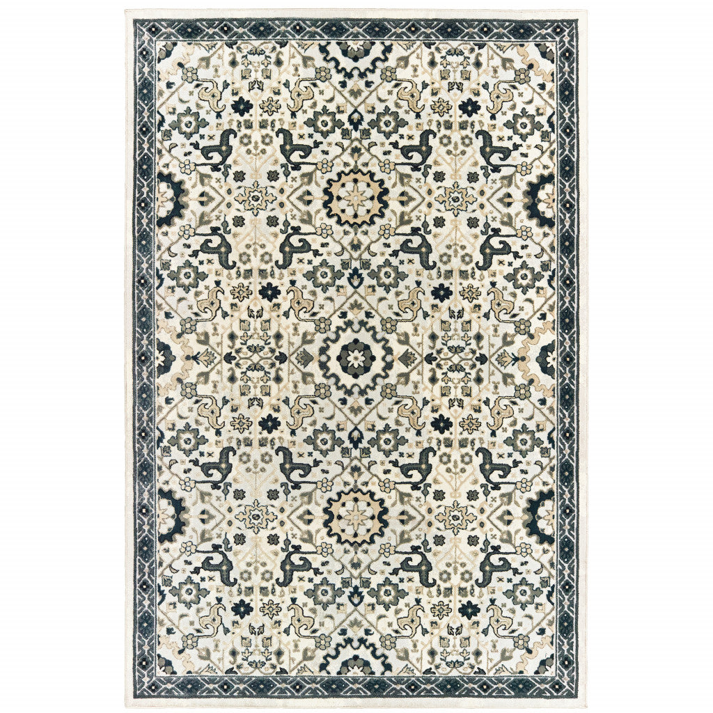 Ivory, Navy & Gold Stain-Resistant Oriental Runner Rug - Ideal for Family Homes
