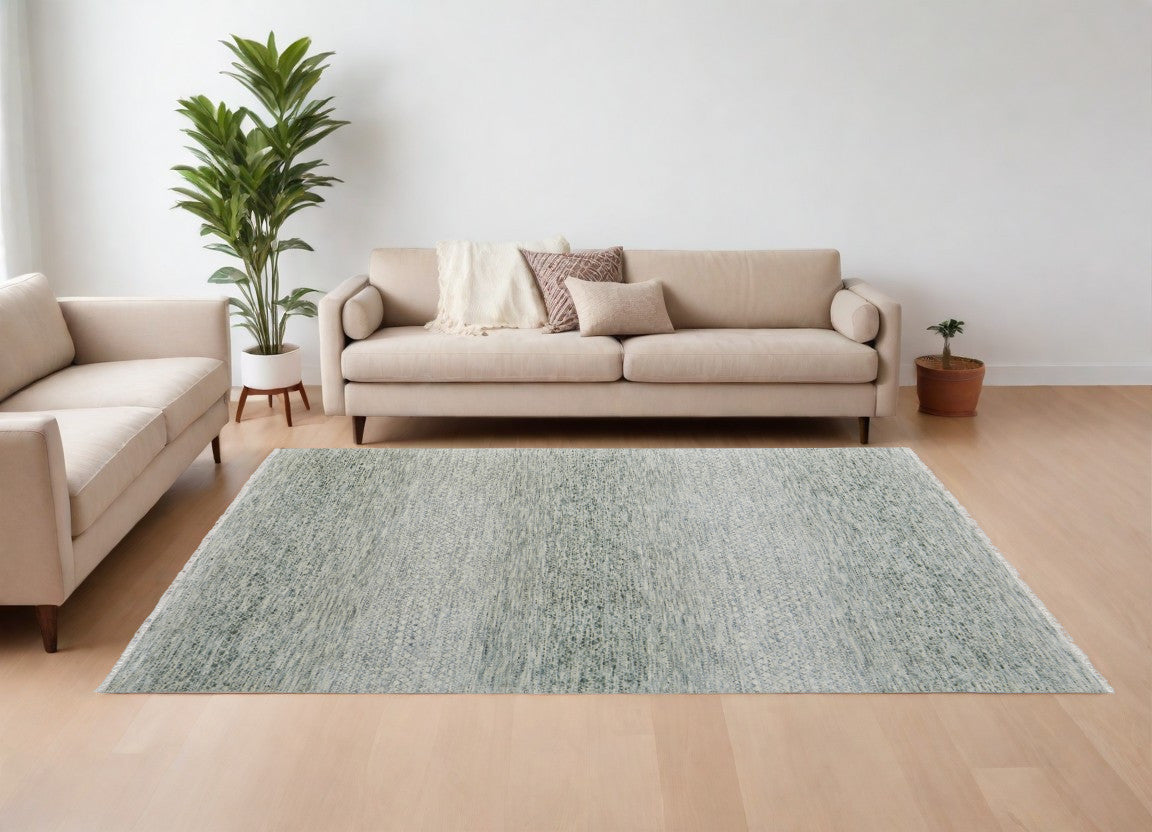 Stylish Hand-Knotted Ivory, Gray & Blue Area Rug with Fringe, Stain-Resistant