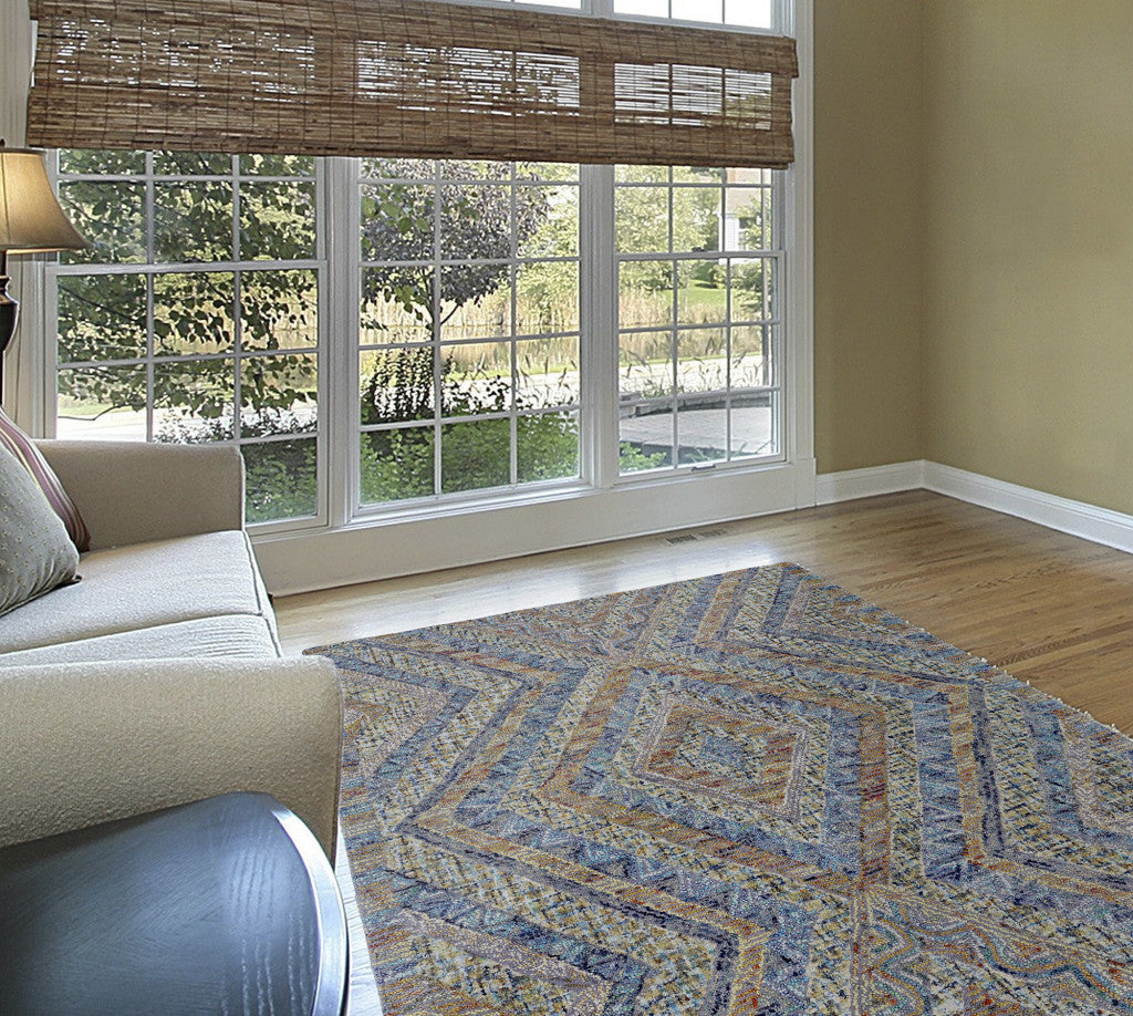 Stain-Resistant Geometric Tufted Wool Area Rug in Blue, Brown, and Orange for Stylish Home Decor
