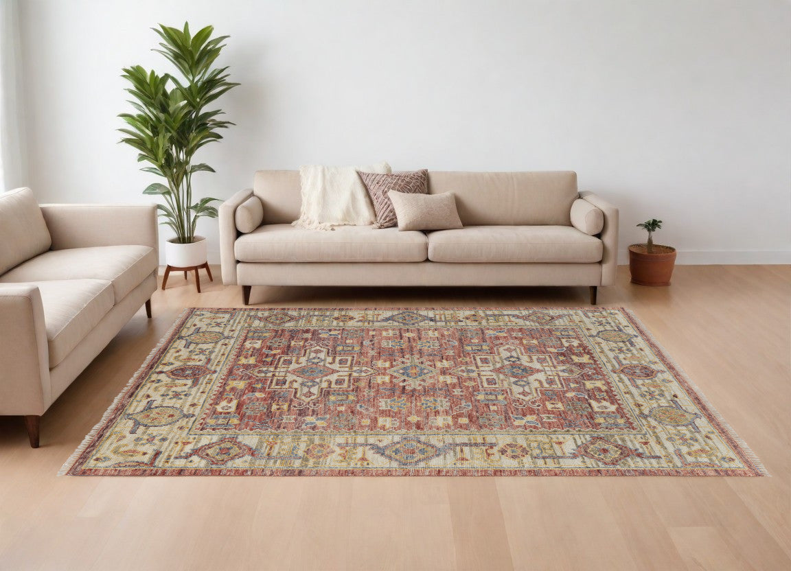 Stylish Stain-Resistant Hand-Knotted Ivory, Red & Gold Oriental Area Rug with Fringe