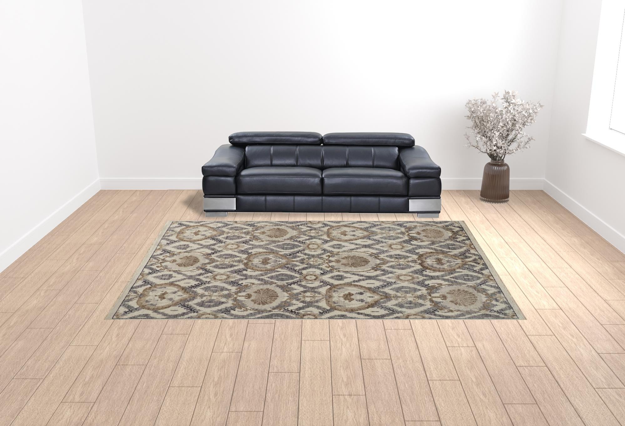 Stain-Resistant Hand-Knotted Wool Area Rug with Orange and Gray Floral Design