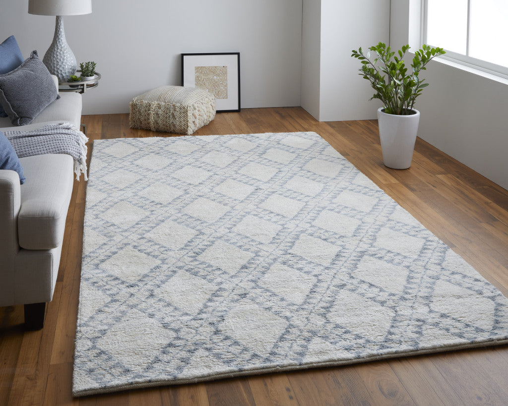 Exquisite Hand-Knotted Ivory Area Rug with Unique Geometric Design and Premium Wool Blend