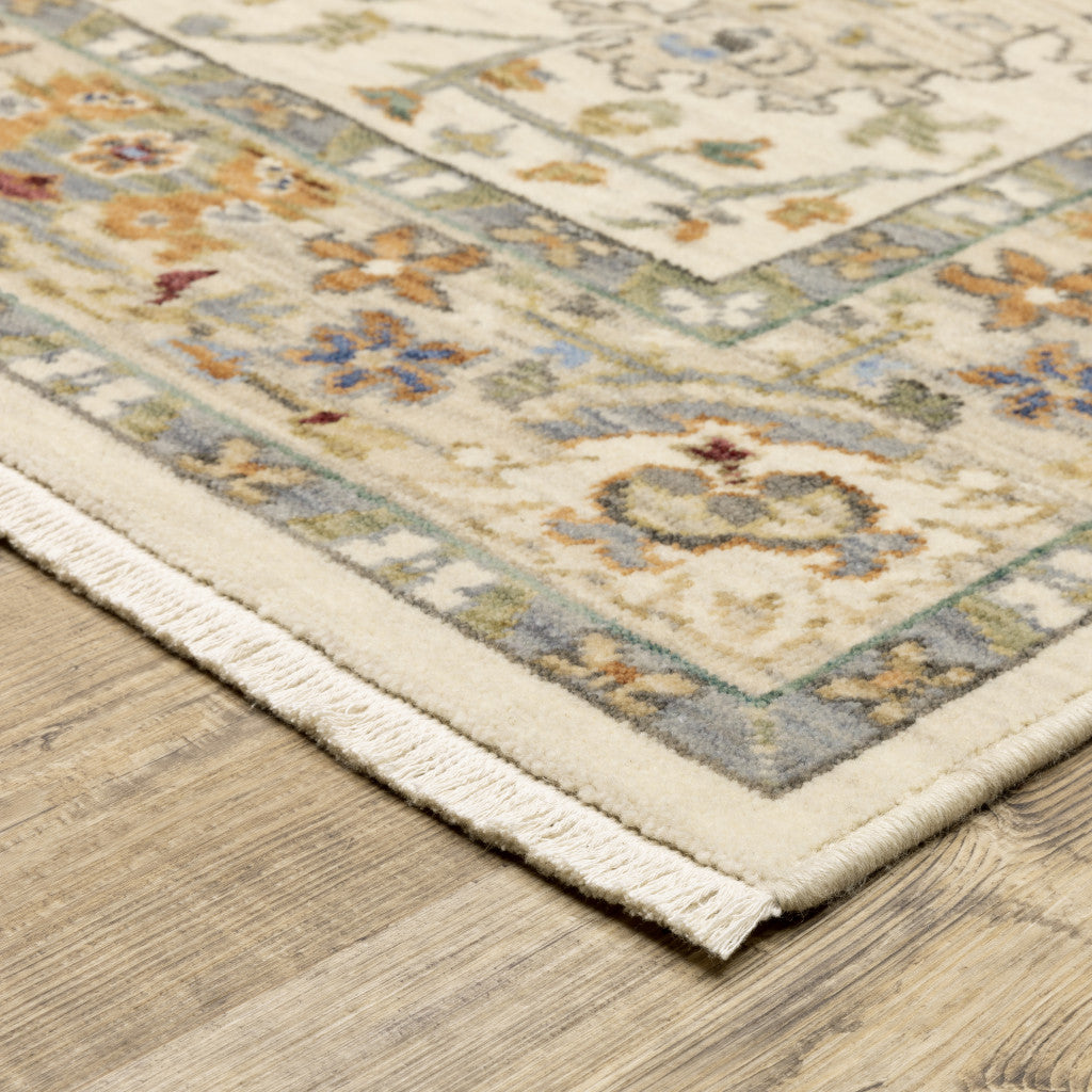 Ivory Stain-Resistant Oriental Fringed Area Rug for Family Homes