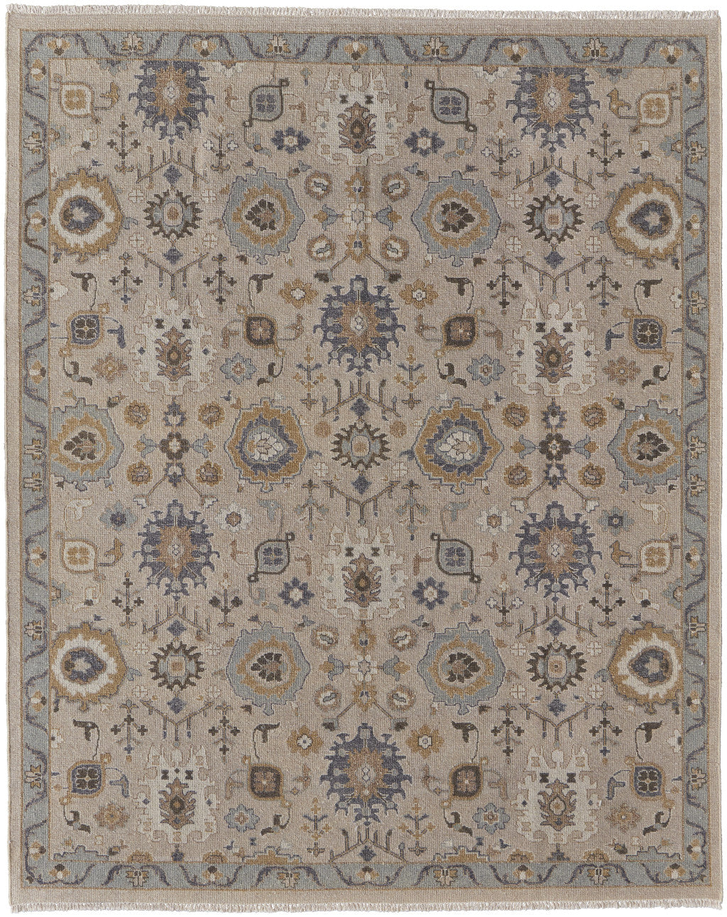 Exquisite Hand-Knotted Tan, Brown & Gray Oriental Area Rug with Fringe for a Timeless Look