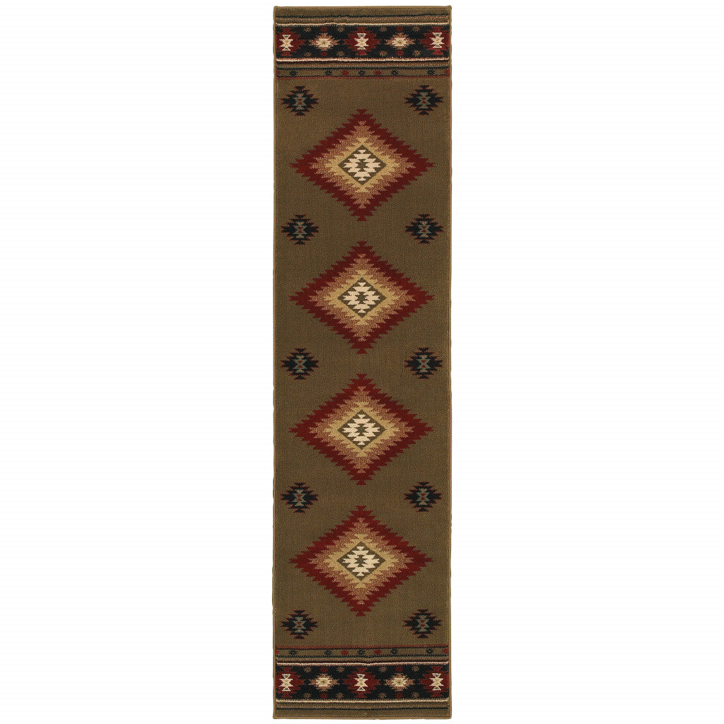 Stylish Southwestern Power Loom Area Runner Rug with Green and Black Design, Stain-Resistant, 8 Feet Long