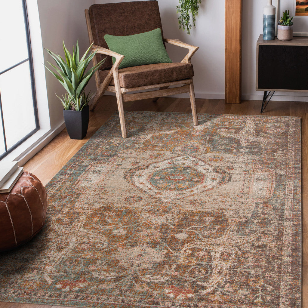 Stain-Resistant Medallion Area Rug in Beige, Gray & Taupe for Family Homes
