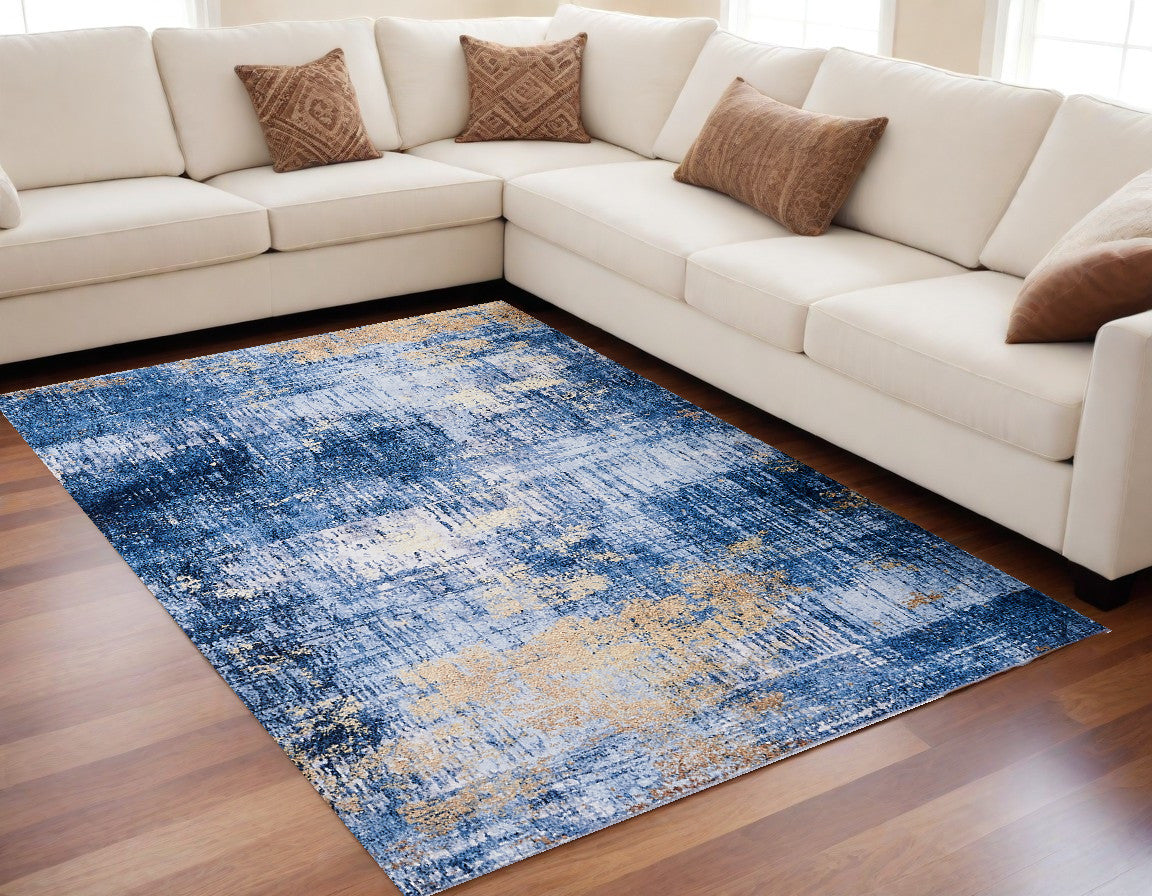 Stylish Washable, Non-Skid, and Stain-Resistant Luxury Blue and Gold Abstract Shag Area Rug for Home Decor