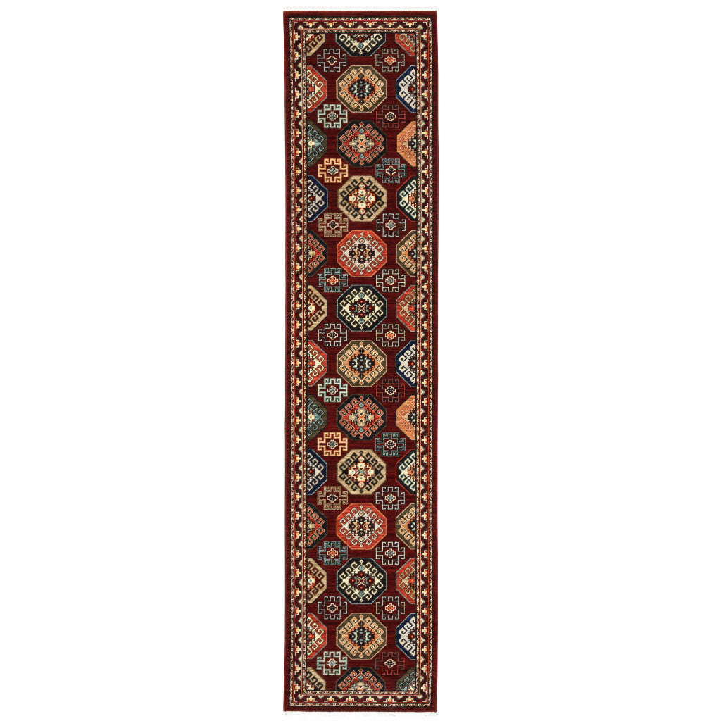 Elegant Red, Blue, Brown Stain-Resistant Oriental Fringed Area Rug for Home Decor