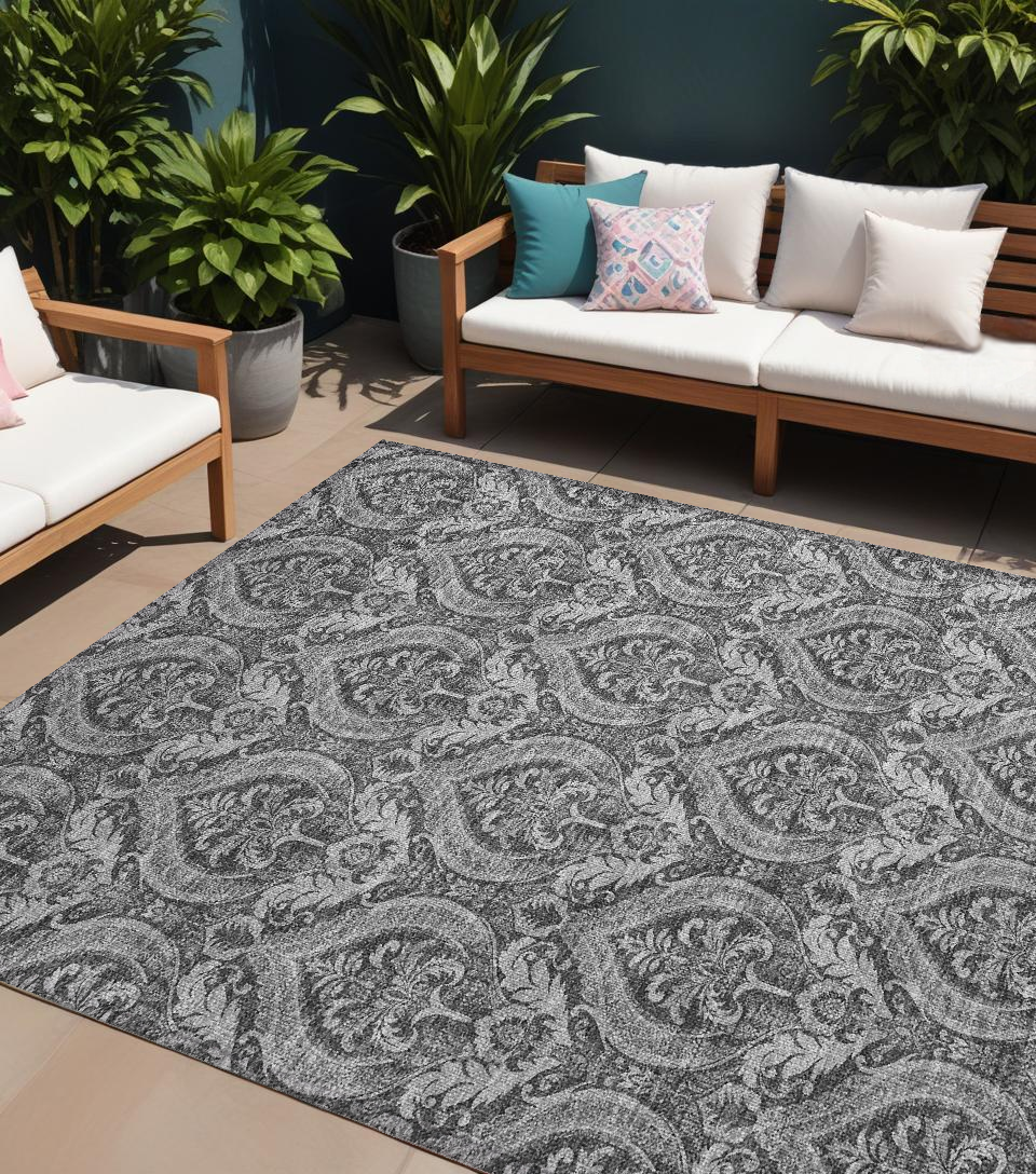 Stylish Washable and Stain - Resistant Non - Skid Damask Design Indoor Outdoor Runner Rug Measuring 27 Inches by 90 Inches