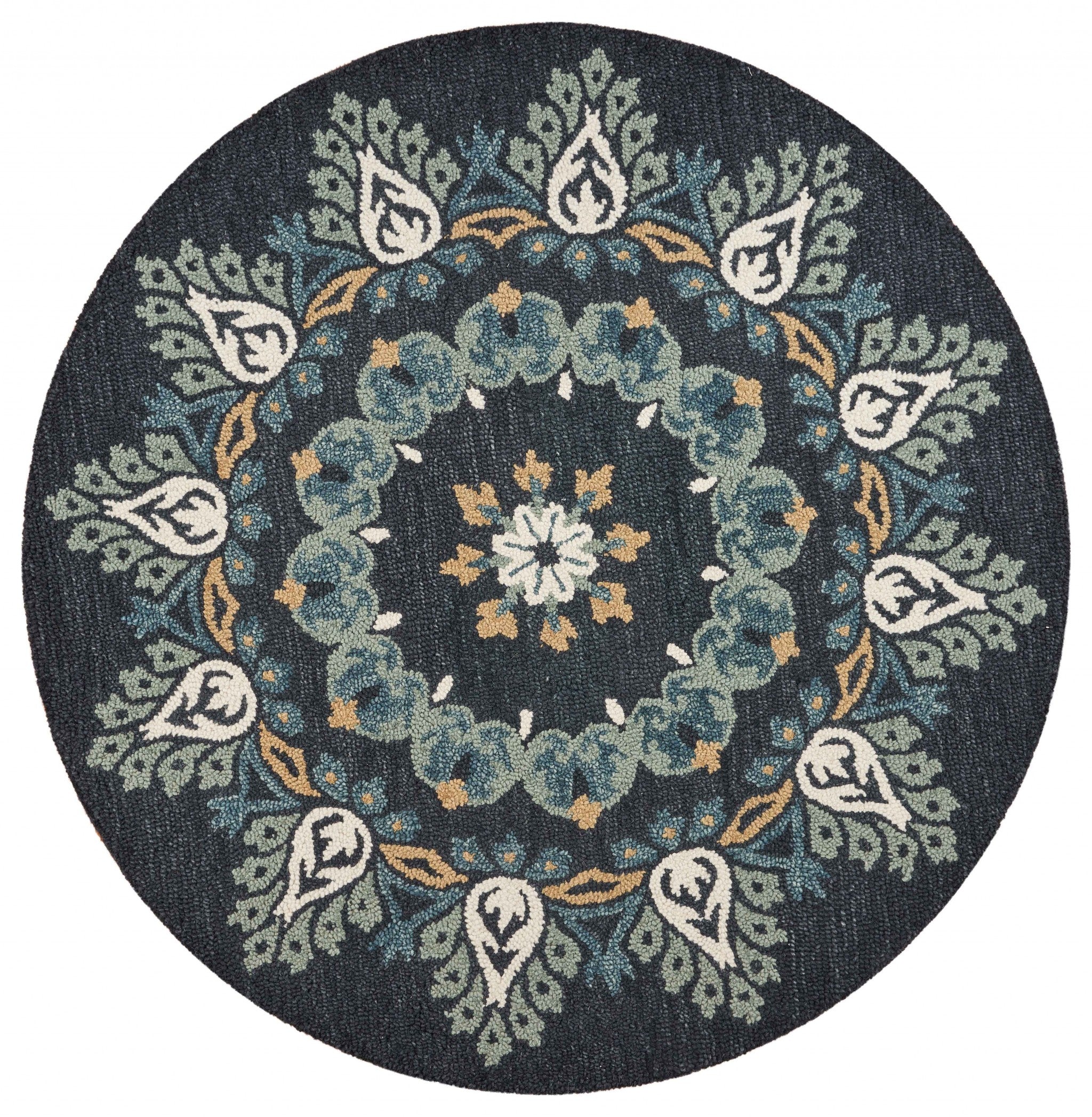 Elegant Round Black Floral Area Rug in Virgin Wool for Cozy Homes