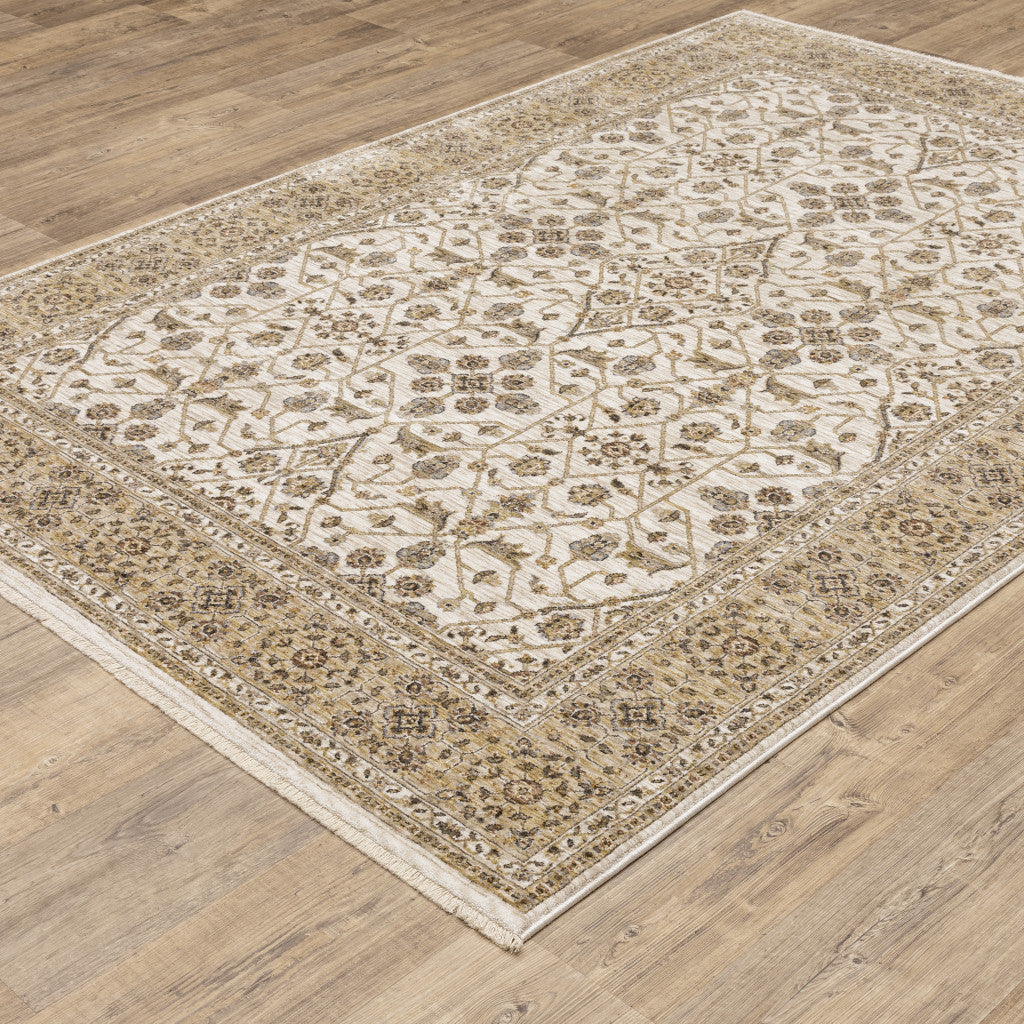 Stylish Stain-Resistant Gold and Ivory Oriental Fringed Runner Rug for Homes