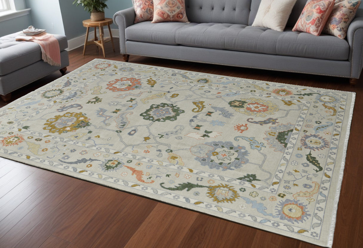 Stain-Resistant Hand-Knotted Gray and Gold Floral Area Rug for Timeless Home Decor