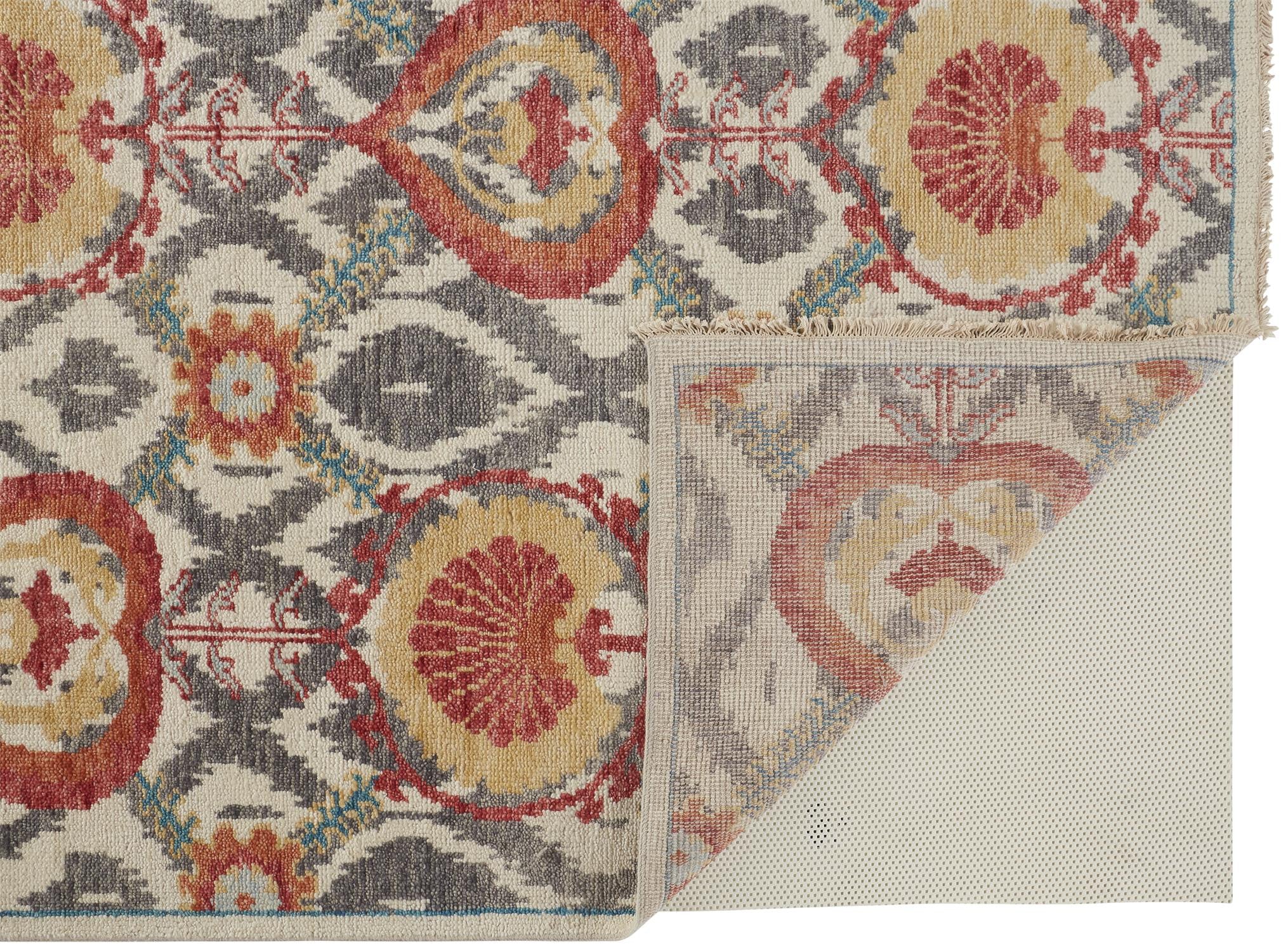 Stain-Resistant Hand-Knotted Wool Area Rug with Orange and Gray Floral Design