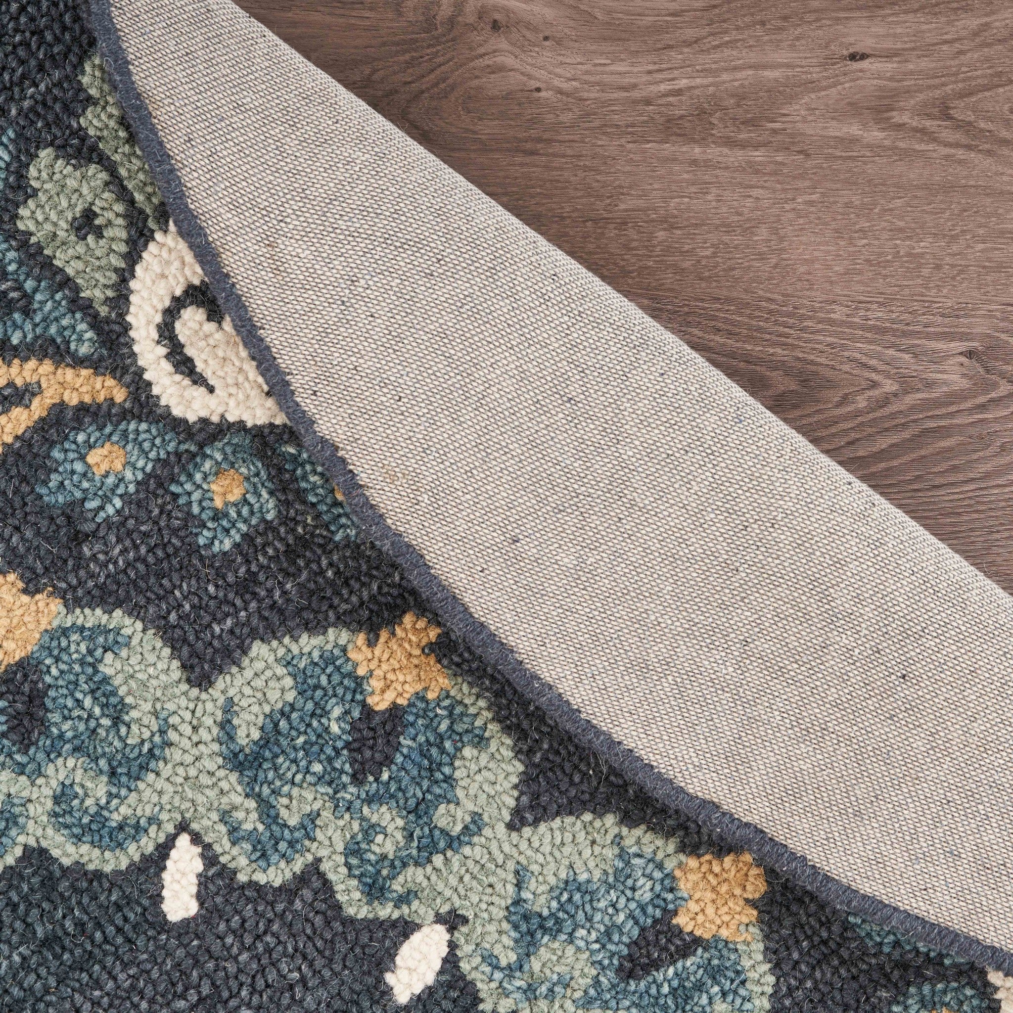 Elegant Round Black Floral Area Rug in Virgin Wool for Cozy Homes