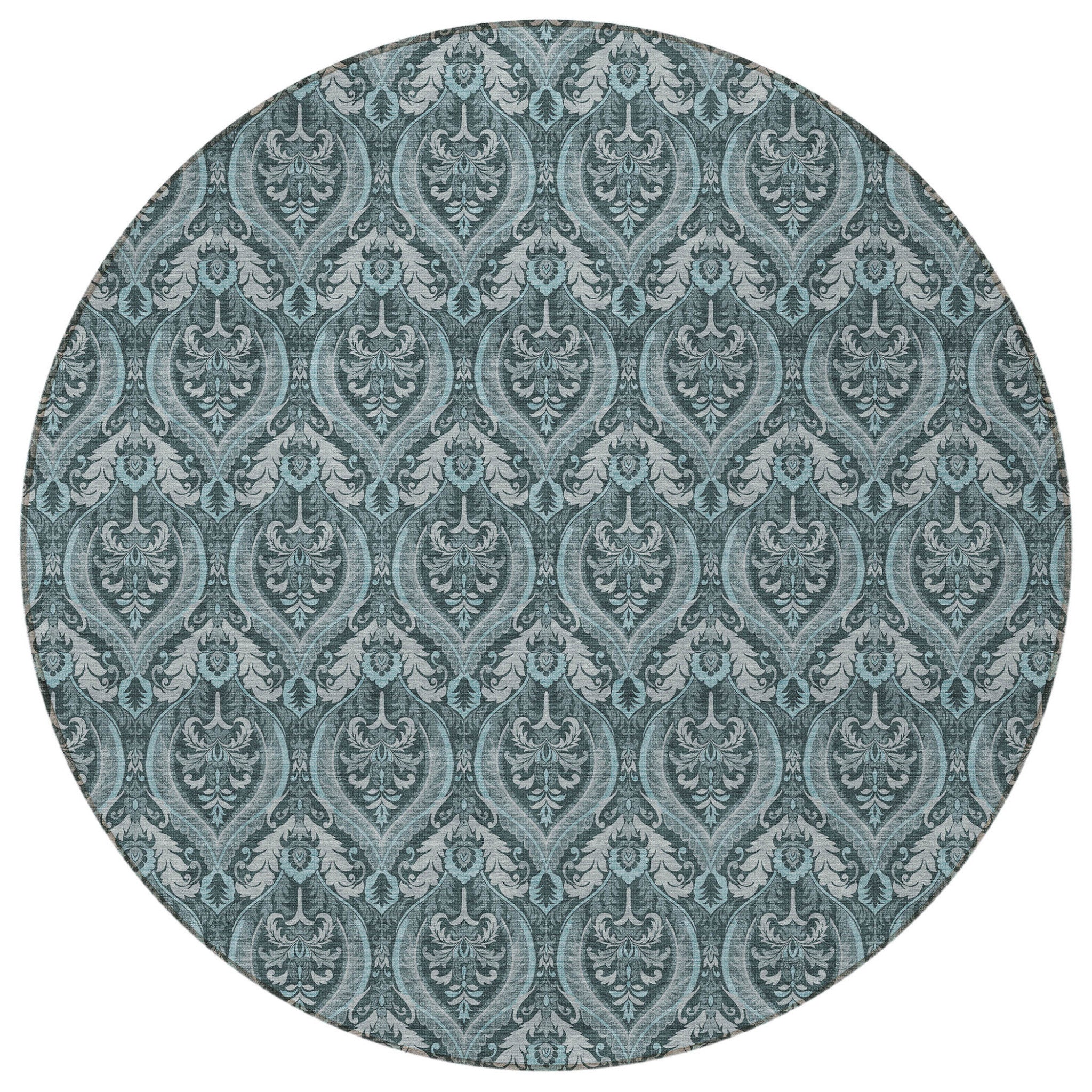 Stylish Washable and Stain - Resistant Non - Skid Damask Design Indoor Outdoor Runner Rug Measuring 27 Inches by 90 Inches