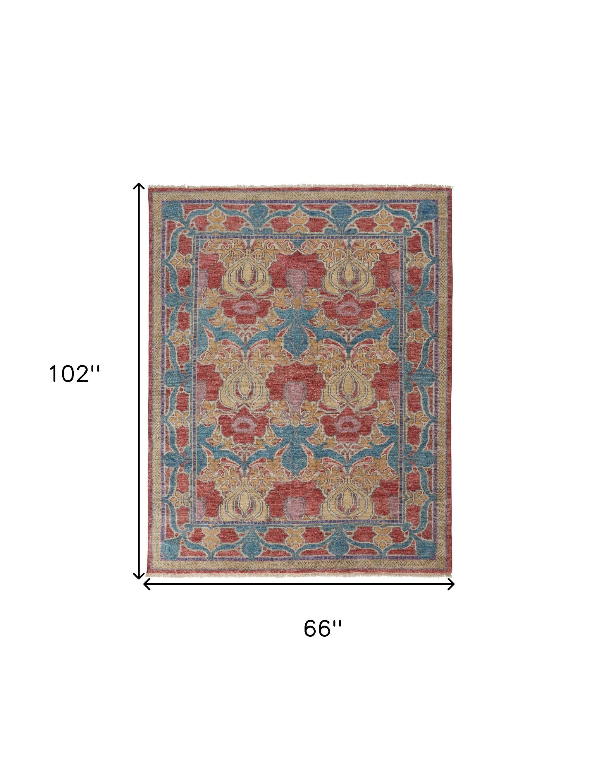 Stylish Hand-Knotted Red and Yellow Wool Oriental Area Rug for Chic Spaces