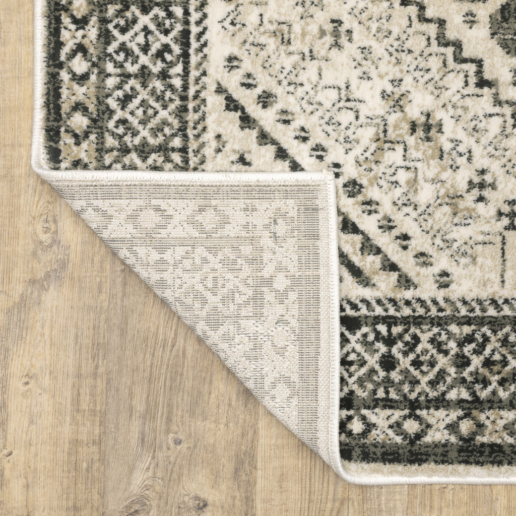 Ivory, Grey & Black Stain-Resistant Oriental Power Loom Runner Rug for Stylish Spaces