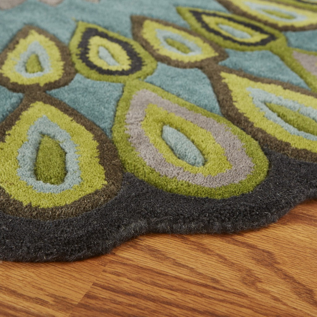 Luxurious Round Wool Area Rug with Eye-Catching Peacock Feather Floral Design