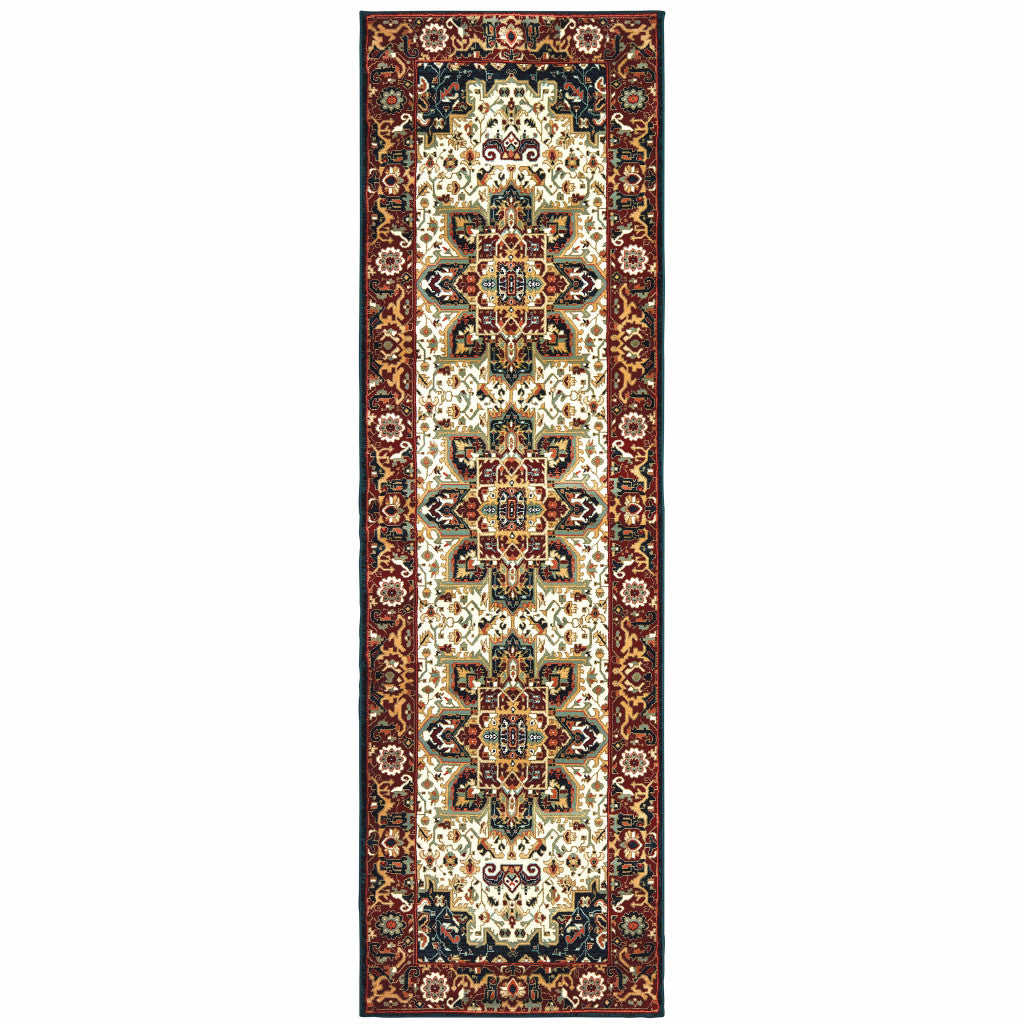 Red and Ivory Stain-Resistant Oriental Runner Rug Ideal for Pet and Kid Areas