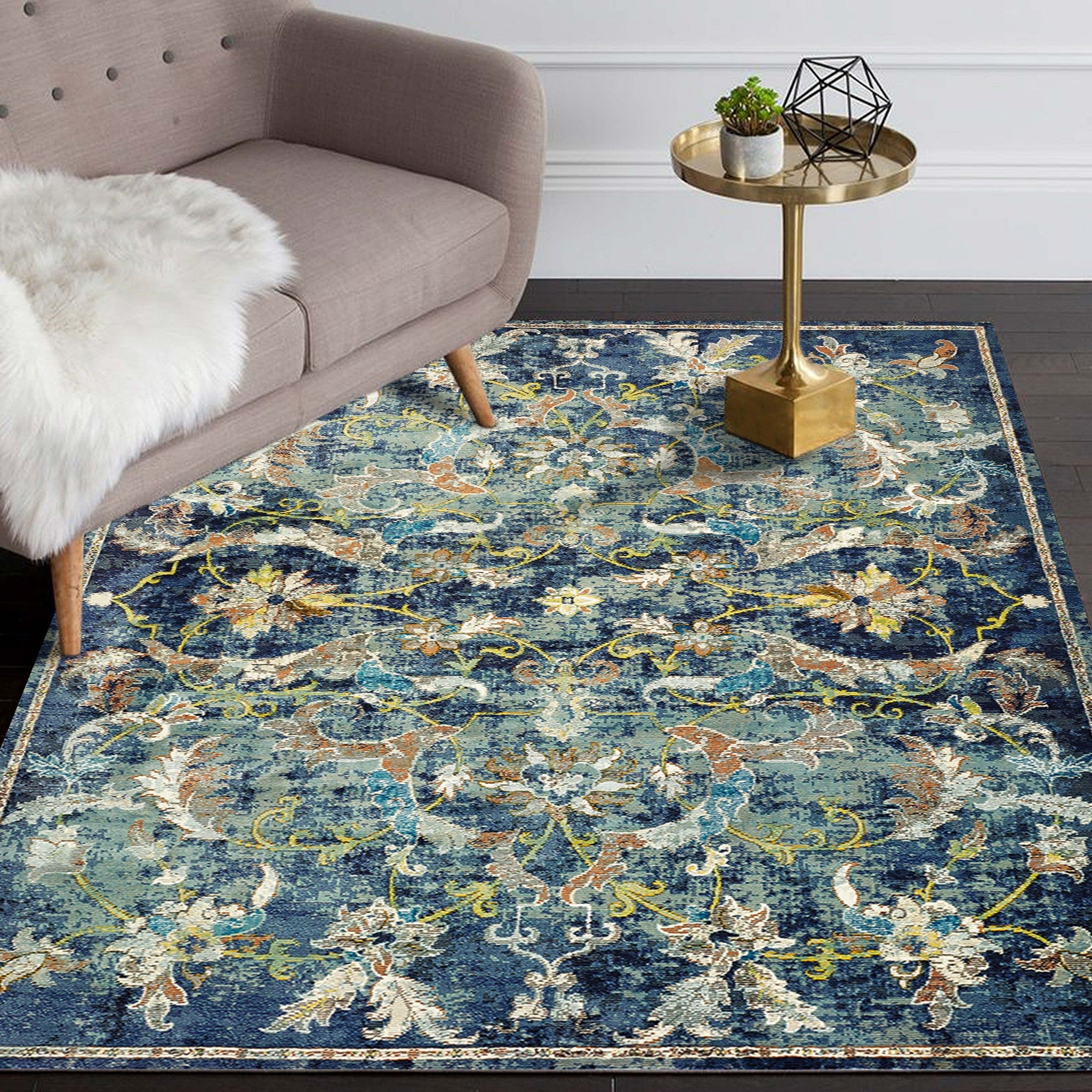 Luxurious and Stain-Resistant Blue and White Jacobean Design Runner Rug for Elegant Home Accent