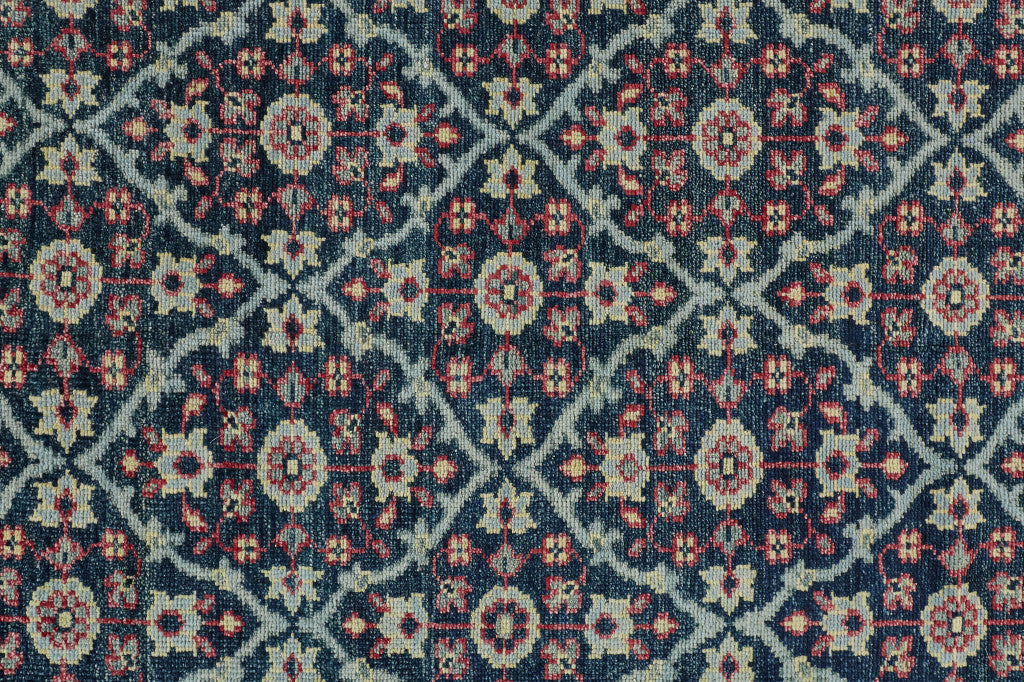 Stain-Resistant Hand-Knotted Wool Floral Area Rug in Blue, Green, and Red with Tassels