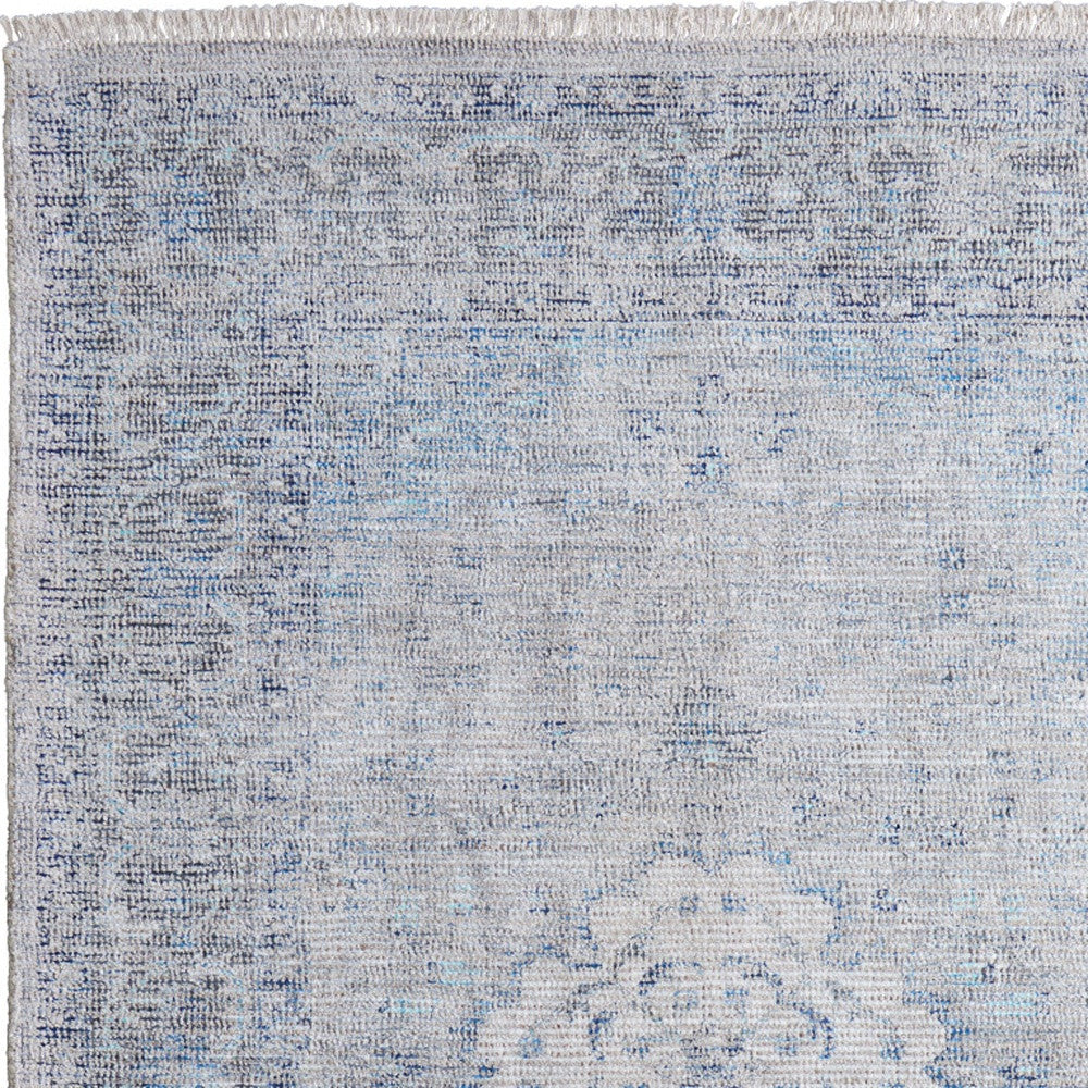 Exquisite Hand-Woven Distressed Oriental Area Rug in Blue and Ivory Shades with Stylish Fringe for Timeless Decor