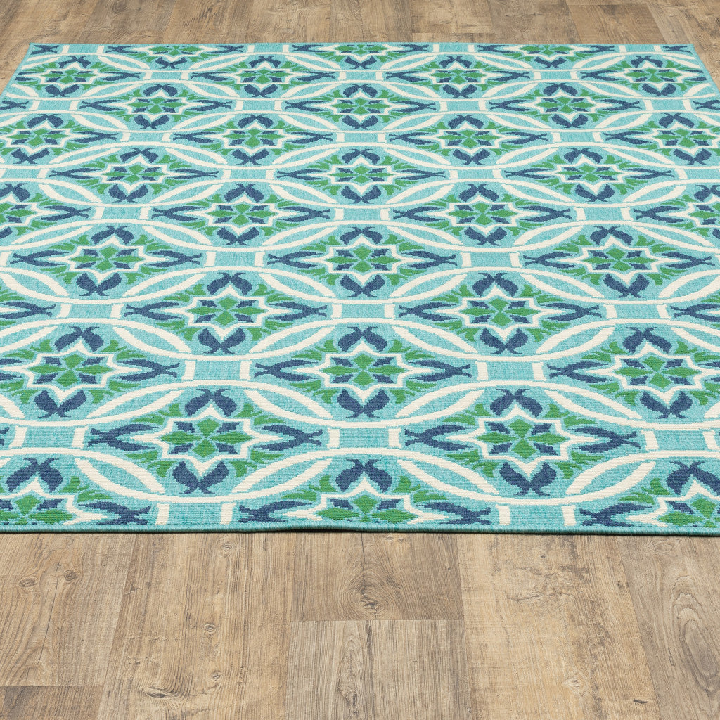 Stain-Resistant Blue and Green Geometric Outdoor/Indoor Area Rug, 8x11 Feet